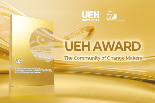 Biểu tượng giải thưởng UEH AWARDS - Tôn vinh con người ONE UEH: Tận tâm, kết nối, truyền cảm hứng, đổi mới, bền vững