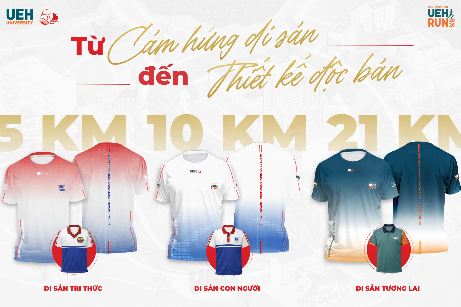 [UEH 50] Khoác lên mình “di sản”: UEH Half Marathon 2026 chính thức công bố bộ ba áo chạy “di sản”